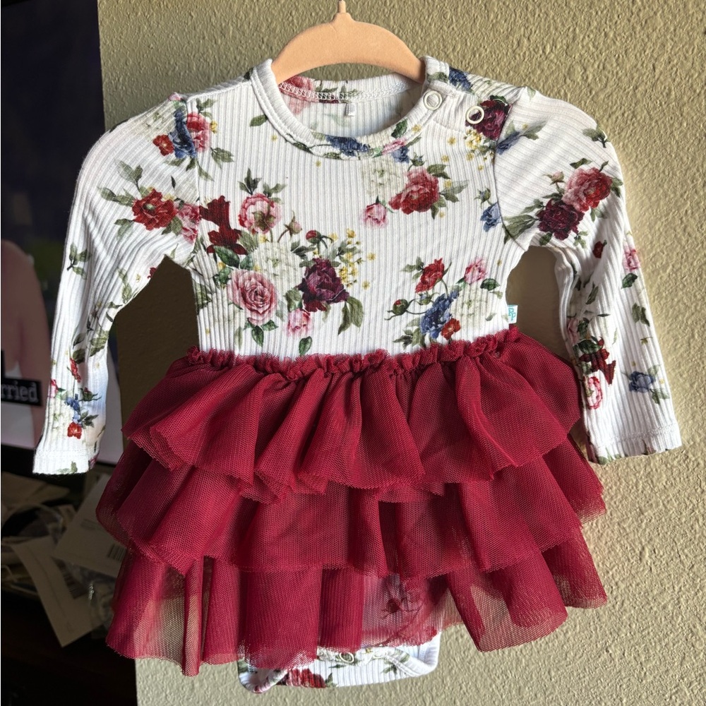 Posh Peanut Floral Baby Dress 0-3m with Burgundy Tulle Skirt